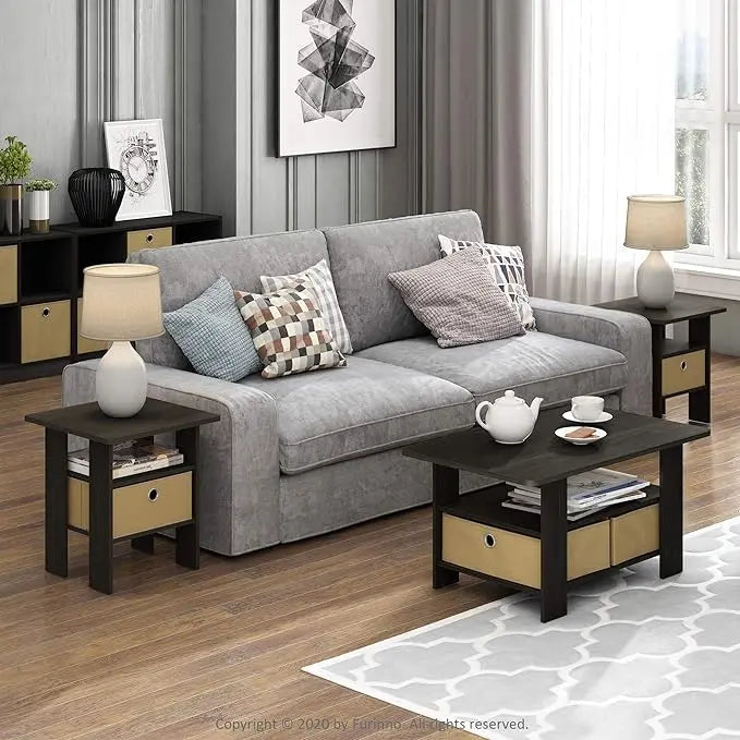 Furinno Coffee Table with Bins, Espresso/Brown - LeafyLoom