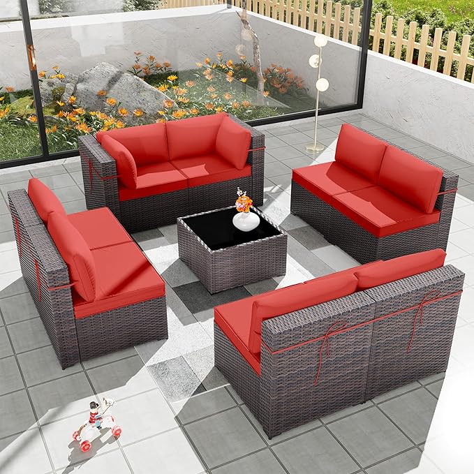 Patio Furniture Set 9-Pieces Outdoor Furniture for Backyard Wicker Sectional Sofa Set, Rattan Patio Conversation Set with Thickened Cushions and Glass Coffee Table, Red - LeafyLoom