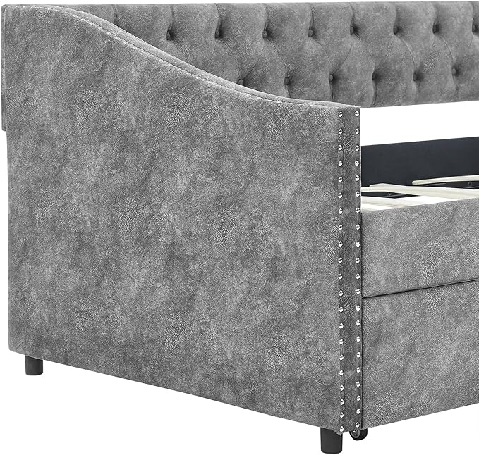 Twin Size Upholstered Daybed with Two Storage Trundle Drawers, Wooden Sofa Bed w/Button Tufted Backrest and Waved Shape Arms, No Box Spring Needed, for Living Room, Bedroom, Dorm, Grey - LeafyLoom