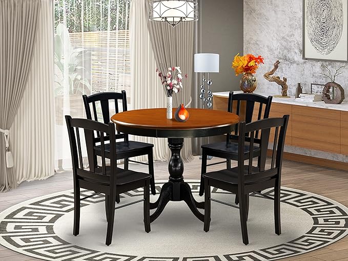 East West Furniture Antique 5 Piece Kitchen Set for 4 Includes a Round Room Table with Pedestal and 4 Dining Chairs, 36x36 Inch, Black & Cherry - LeafyLoom