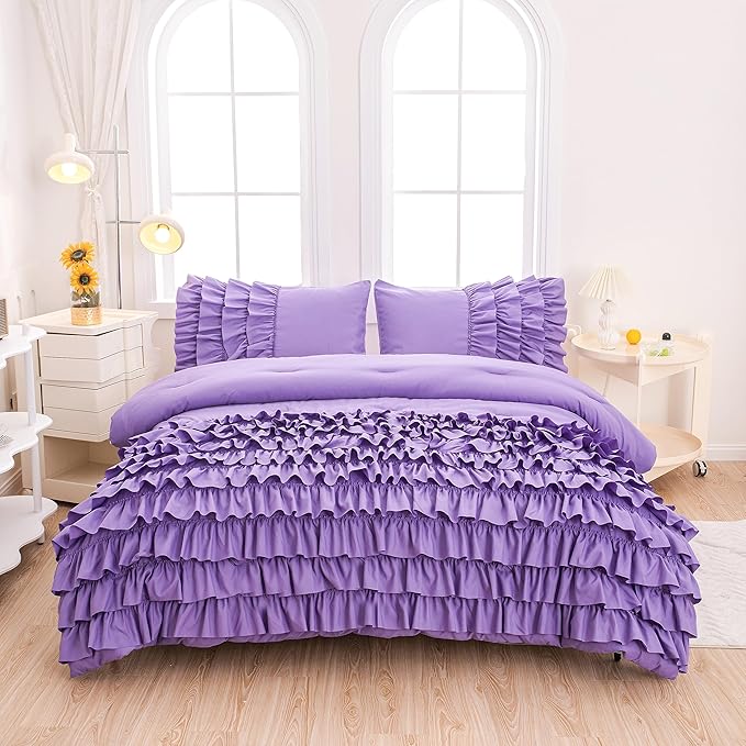 Girls Comforter Set Queen, Lavender Ruffle Bedding Set Queen, Purple Comforter Sets for Queen Size Bed with Sheets, Girls Queen Bedroom Comforter Set - LeafyLoom