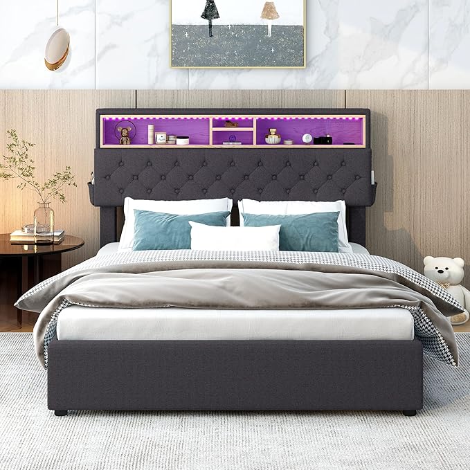 Full Size Bed Frame with LED Headboard, USB Charging, Upholstered Platform Bed with Storage Drawers and Headboard, No Box Spring Needed, Dark Gray - LeafyLoom