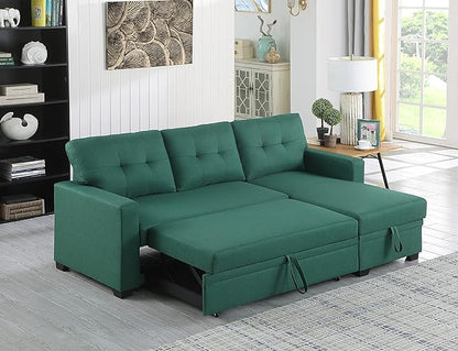 RITSU L-shaped Corner Storage Sofa Pull Out Convertible Bed, 3-Person Sleeper Couch, Linen Fabric Tufted Cushion, Space Saving for Living Room, Apartement, Office, Green, 82 inch - LeafyLoom