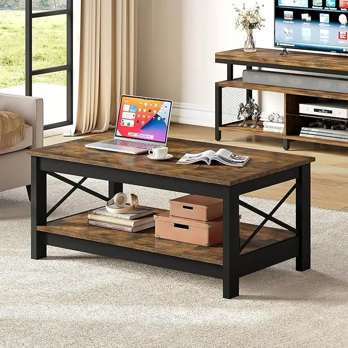 YITAHOME Coffee Table for Living Room,Modern Farmhouse Coffee Table with Storage,2-Tier Center Table for Living Room Wood Living Room Table Accent Cocktail with Sturdy Frame,Rustic Brown - LeafyLoom