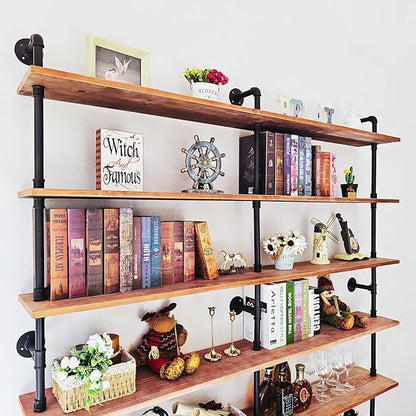 Industrial Ladder Shelf Bookcase, Wall Mounted Rustic Bookshelf, Retro Wood Metal Pipe Industrial Shelves for Living Room(Weathered Brown, 6 Tier - 10" D x 70" W x 82.5" H) - LeafyLoom