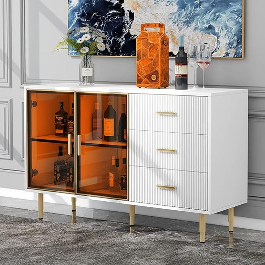 Modern Sideboard MDF with Marble Sticker Tabletop and Amber-Yellow Tempered Glass Doors,Freestanding Buffet Storage Cabinet,W/Gold Metal Legs & Handles,for Dining Room,Kitchen,White, 60" - LeafyLoom