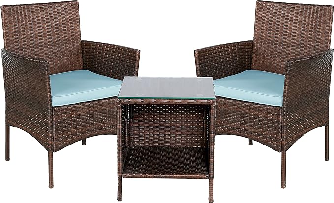 BTEXPERT Space Saving Outdoor Wicker Conversation 3 Piece Bistro Set Garden Patio Yard Porch Furniture Pe Rattan Two Chairs Cushions Side Storage Table Brown/Aqua Blue, OneSize - LeafyLoom