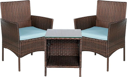 BTEXPERT Space Saving Outdoor Wicker Conversation 3 Piece Bistro Set Garden Patio Yard Porch Furniture Pe Rattan Two Chairs Cushions Side Storage Table Brown/Aqua Blue, OneSize - LeafyLoom