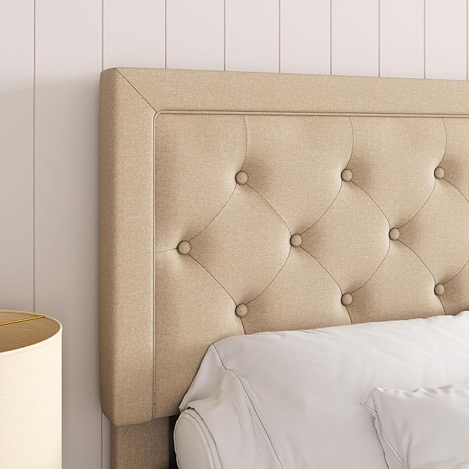 Allewie King Size Platform Bed Frame/Fabric Upholstered Bed Frame with Diamond Button Tufted Headboard/Adjustable Headboard/Wood Slat Support/Mattress Foundation/Beige (King) - LeafyLoom