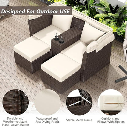 2-Seater Outdoor Patio Convertible Sunbed, All Weather Rattan Double Daybed Couch Foldable Awning, Cushions and Storage Boxes, Loveseat Sofa Set for Garden, Poolside, Balcony, Ab-Beige - LeafyLoom