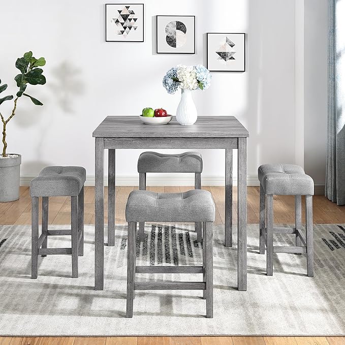 5 Piece Square, Industrial Breakfast Table + 4 Upholstered Stools, Bistro Dining Set, for Living, Small Apartment, Farmhouse, Game Room, Gray - LeafyLoom