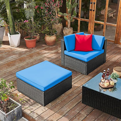 Greesum 3 Piece Patio Conversation Set Wicker Rattan Furniture Outdoor Sofa with Cushions,Pillows and Glass Table for Porch,Lawn and Yard, Blue - LeafyLoom