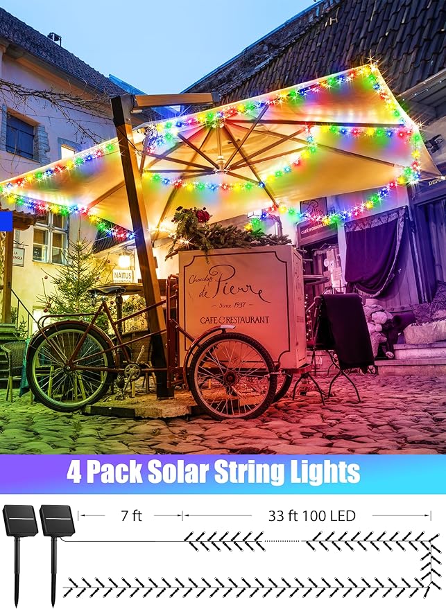 Minetom Christmas Lights Outdoor Solar Powered - 4 Pack Total 160FT 400 LED Christmas String Lights with 8 Lighting Modes, IP65 Waterproof Solar String Lights for Outside Tree Xmas Party, Multicolor Minetom