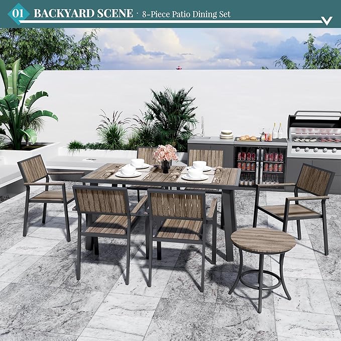 Pamapic 8-Piece Patio Dining Set，Outdoor Aluminum Furniture Set with Plastic-Wood Table Top,Outdoor Furniture Set with 6 Outdoor Stackable Chairs for Patio Garden Poolside，Walnut - LeafyLoom