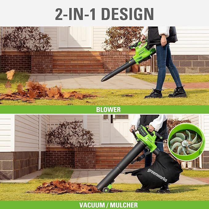 Greenworks 40V (230 MPH / 505 CFM / 75+ Compatible Tools) Cordless Brushless Leaf Blower / Vacuum, 5.0Ah Battery and Charger Included - LeafyLoom