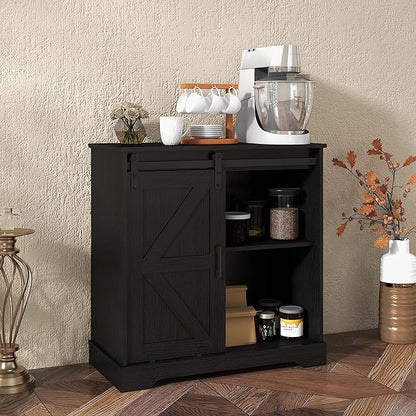 Panana Sliding Barn Door Buffet Sideboard Storage Cabinet Coffee Bar Kitchen Farmhouse Style (Black) - LeafyLoom