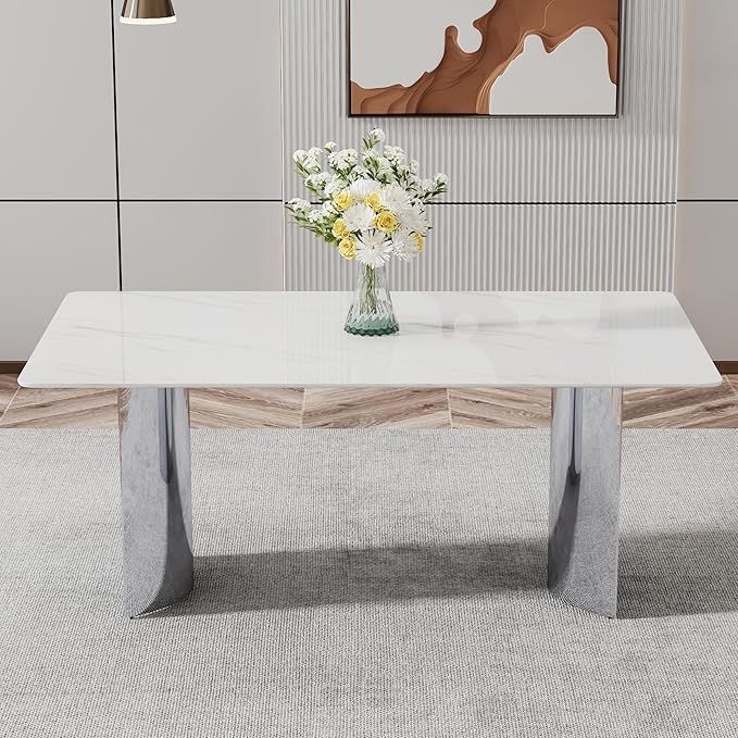 NicBex Modern Minimalist Dining Table White Imitation Marble Glass Desktop is Equipped with Silver Metal Legs Suitable for Restaurants and Living Rooms, White + Silver - LeafyLoom