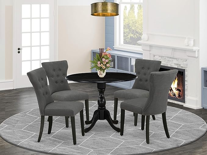 East West Furniture DMGA5-ABK-50 5 Piece Dining Room Table Set Includes a Round Dining Table with Dropleaf and 4 Dark Gotham Linen Fabric Upholstered Parson Chairs, 42x42 Inch, Wirebrushed Black - LeafyLoom