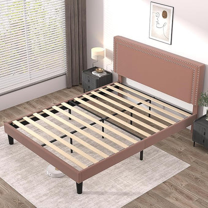 VECELO Full Size Platform Bed Frame with Adjustable Upholstered Headboard, Modern Mattress Foundation,Strong Wood Slat Support, No Box Spring Needed, Easy Assembly - LeafyLoom