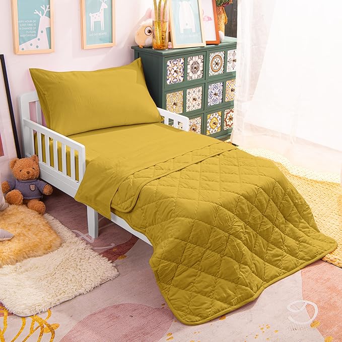 NTBAY Toddler Bedding Set - 4 Piece Soft and Breathable Crib Bedding Set for Boys and Girls, Includes Quilted Comforter, Fitted Sheet, Flat Top Sheet and Envelope Pillowcase, Yellow - LeafyLoom