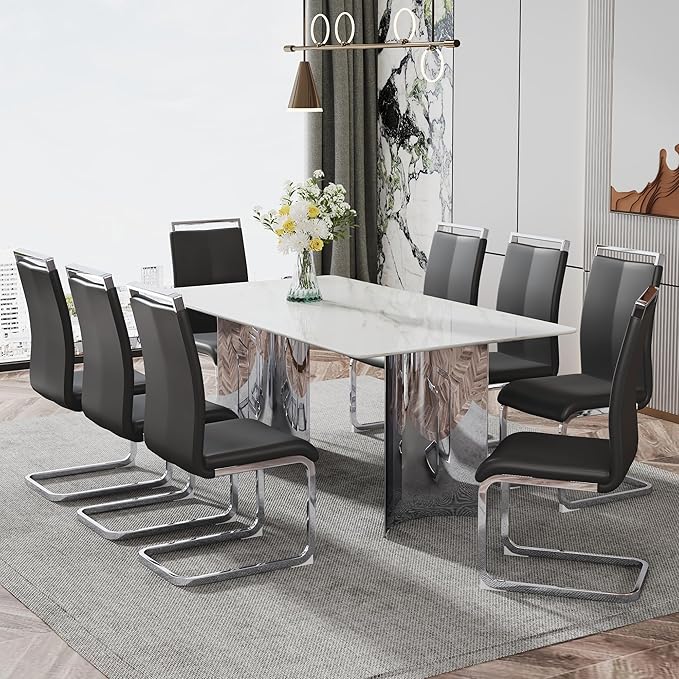 NicBex Modern Minimalist Dining Table White Imitation Marble Glass Desktop is Equipped with Silver Metal Legs Suitable for Restaurants and Living Rooms, White + Silver - LeafyLoom