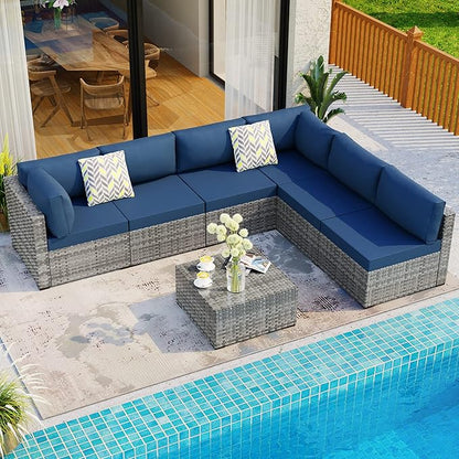 Shintenchi 7 Pieces Outdoor Patio Sectional Sofa Couch, Silver Gray PE Wicker Furniture Conversation Sets with Washable Cushions & Glass Coffee Table for Garden, Poolside, Backyard (Aegean Blue) - LeafyLoom