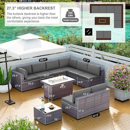 Kullavik 10 Pieces Outdoor Patio Furniture Set with 43" Gas Propane Fire Pit Table PE Wicker Rattan Sectional Sofa Patio Conversation Sets,Grey - LeafyLoom