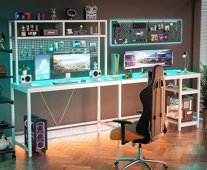 L Shaped Desk with Hutch & Pegboard - Reversible 67" L Shaped Gaming Desk with LED Lights, Corner Computer Desk with Storage Shelves, White - LeafyLoom