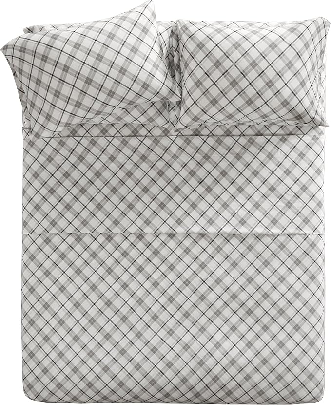 Comfort Spaces Cotton Flannel Breathable Warm Deep Pocket Sheets with Pillow Case Bedding, Cal King, Grey Plaid 4 Piece - LeafyLoom