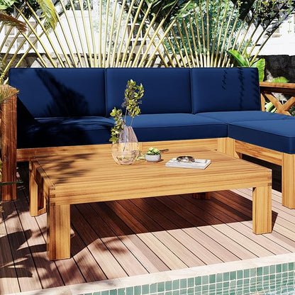 5-Piece Outdoor Patio Furniture Sectional Sets, Wooden L-shaped Corner Sofa Seating with Tea Table and Removable, Backyard Gardern Deck, Natural Finish+ Blue Cushions - LeafyLoom