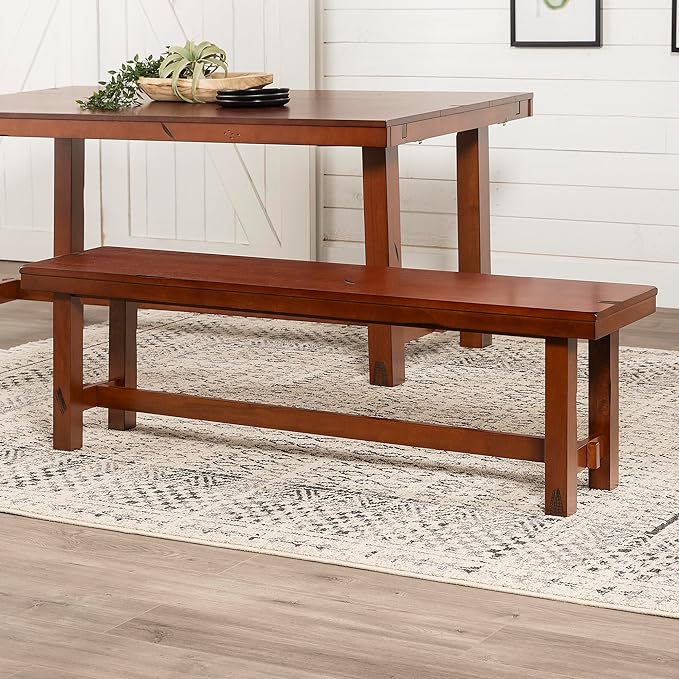 Walker Edison Rustic Farmhouse Wood Distressed Dining Room Kitchen Bench Armless Kitchen Table Set Dining Chairs, 60 Inch, 3 Person, Brown Oak - LeafyLoom