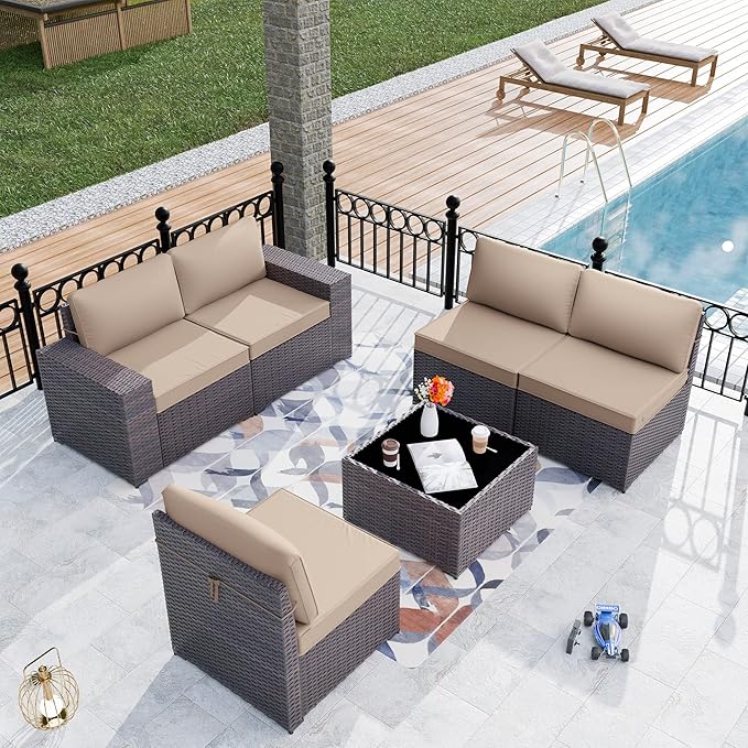 Patio Furniture Set Sofa 6-Piece Wicker Sectional Sofa Set, Outdoor Furniture Rattan Patio Sofa Conversation Set with Thickened Cushions and Glass Coffee Table, Sand - LeafyLoom