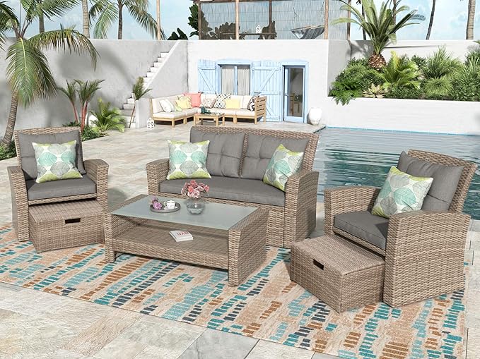 4-Piece Rattan Patio Furniture Sets, All Weather Outdoor Sectional Sofa Loveseat with Ottoman,Soft Cushions&Glass Table w/Shelf, Wicker Conversation Couch for Garden Backyard, Onesize, Gray - LeafyLoom