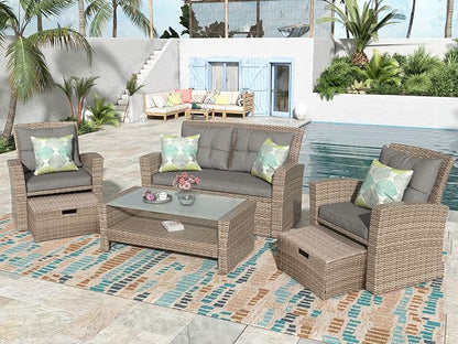 4-Piece Rattan Patio Furniture Sets, All Weather Outdoor Sectional Sofa Loveseat with Ottoman,Soft Cushions&Glass Table w/Shelf, Wicker Conversation Couch for Garden Backyard, Onesize, Gray - LeafyLoom