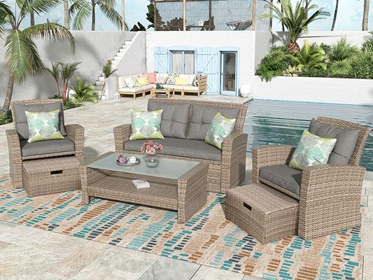 4-Piece Outdoor Patio Furniture Sets, All Weather Wicker Sectional Sofa Loveseat with Ottoman, Soft Cushions&Glass Table w/Shelf, Conversation Couch for Garden Backyard Poolside Deck, Gray - LeafyLoom