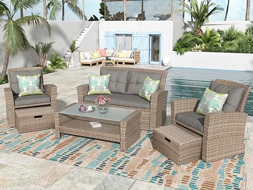 Set, 4 Piece Outdoor Wicker Rattan Sectional Sofa with Glass Table, Ottoman and Soft Cushions, Front Porch Apartment Patio Furniture for Backyard Lawn Garden, Onesize, E-Gray-e - LeafyLoom