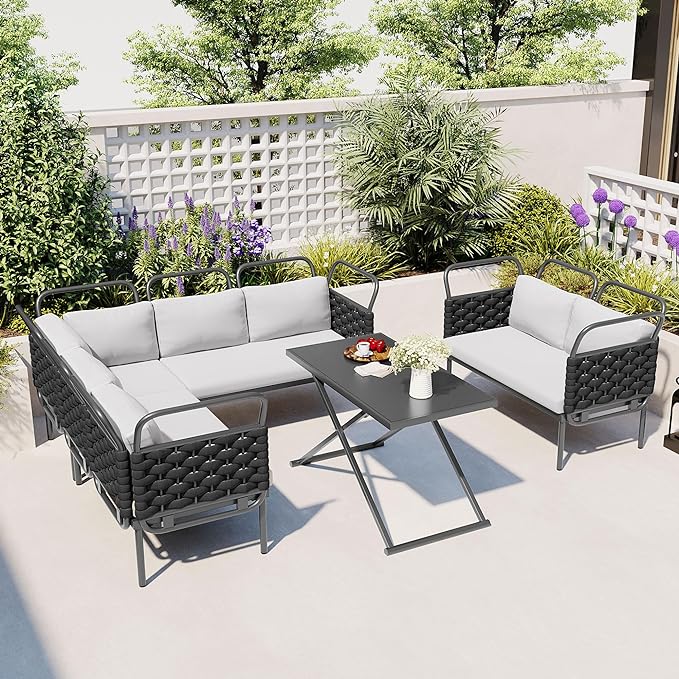 5-Piece Outdoor Patio Sectional L-shaped Sofa Set, Woven Rope Conversation Furniture with Loveseat, Corner Couch, Glass Coffee Table and Removable Cushions, Onesize, Black+Gray - LeafyLoom