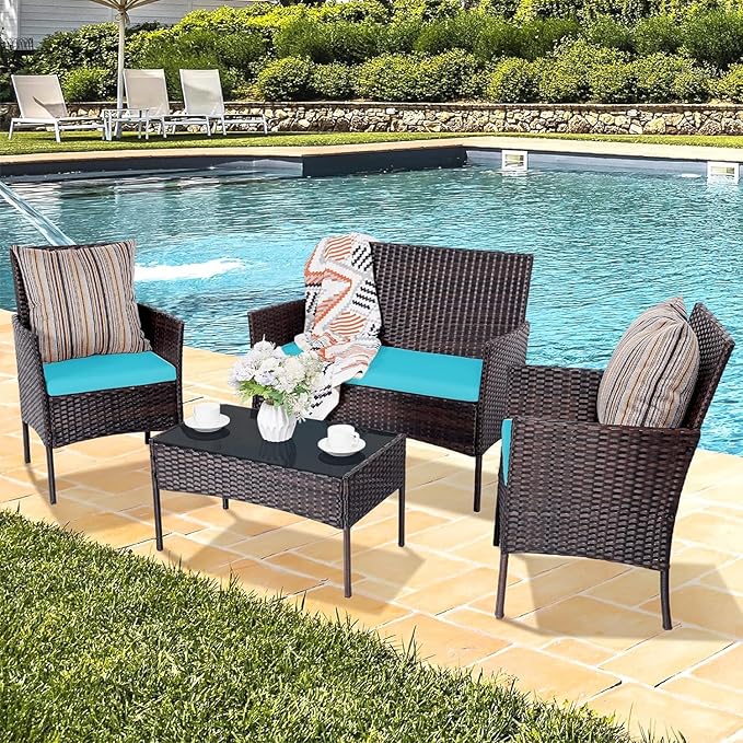 Patio Furniture Set 4 Pieces Conversation Sets Outdoor Wicker Rattan Chairs Garden Backyard Balcony Porch Poolside Loveseat with Soft Cushion and Tempered Glass Table(Brown/Blue) - LeafyLoom