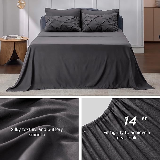 Bedsure Dark Grey Comforter Set Queen - Bed in a Bag Queen 7 Pieces, Pintuck Bedding Sets Dark Grey Bed Set with Comforter, Sheets, Pillowcases & Shams - LeafyLoom