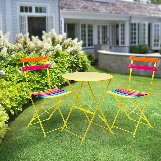 Alpine Corporation MSY114A Rainbow Metal Bistro Set w Two, Table: 24" L x 24" W x 28" H Chair: 16" L 18" W x 32" H - LeafyLoom