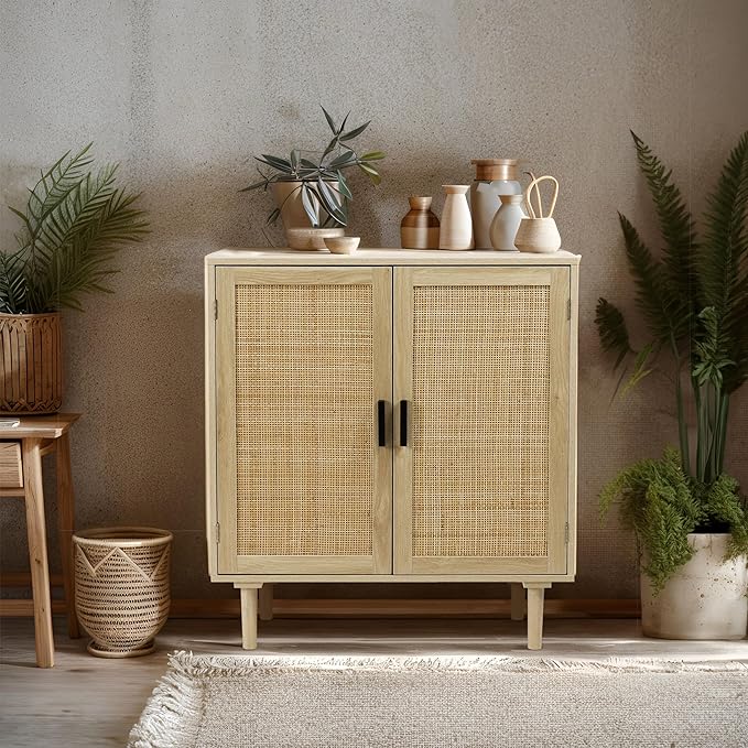 Finnhomy Sideboard Buffet Kitchen Storage Cabinet with Rattan Decorated Doors, Dining Room, Hallway, Cupboard Console Table, Liquor / Accent Cabinet, 31.5X 15.8X 34.6 Inches, Natural - LeafyLoom