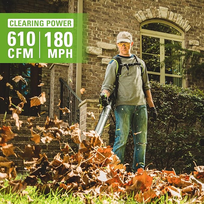 Greenworks 80V (180 MPH / 610 CFM / 75+ Compatible Tools) Cordless Brushless Backpack Blower, 5.0Ah Battery and Rapid Charger Included - LeafyLoom