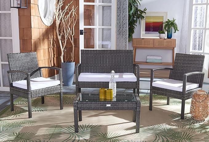 SAFAVIEH Outdoor Collection Bassey Grey Brown/White Cushion 4-Piece Conversation Patio Set PAT7507C - LeafyLoom