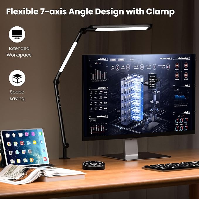 LED Desk Lamp with Clamp, Desk Light, Adjustable Brightness & Color Temperature, Modern Architect Clip on Lamp with Memory & Timer Function, Clamp Light for Study, Work, Home, Office, 15W - LeafyLoom