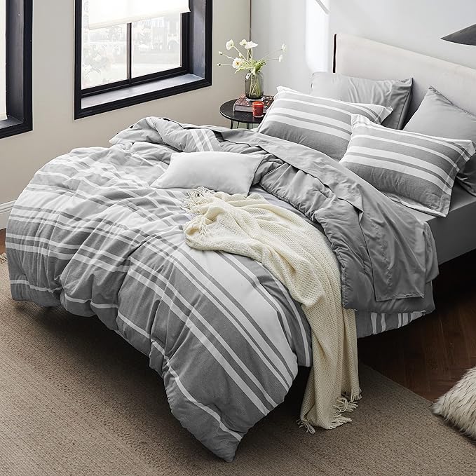 Bedsure King Size Comforter Set - 7 Pieces King Bedding Sets All Season Bed Set, Grey White Striped Bed in a Bag with Comforter, Sheets, Pillowcases & Shams - LeafyLoom