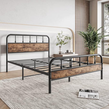 Full Size Metal Bed Frame with Rustic Vintage Wood Headboard and Footboard,Strong Metal Slats Support,No Box Spring Needed,Black - LeafyLoom