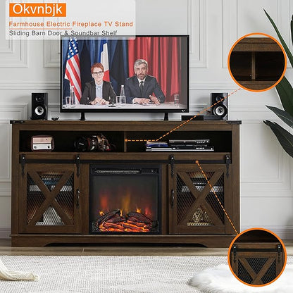 Okvnbjk Fireplace TV Stand for TVs up to 70", Entertainment Center with 18" Electric Fireplace, Farmhouse TV Stand Industrial Media Console with Sliding Barn Door for Living Room, 58 Inch, Dark Walnut - LeafyLoom