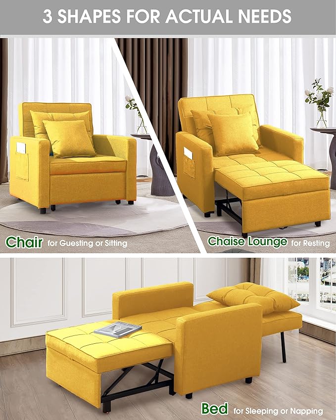 XSPRACER [UPDATED] Convertible Chair Bed, Sleeper Chair Bed 3 in 1, Stepless Adjustable Backrest,Armchair, Sofa, Bed, Linen, Yellow, Single One - LeafyLoom