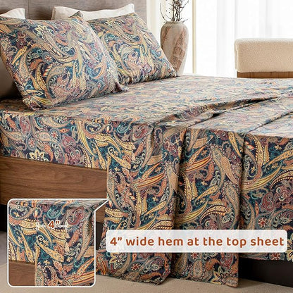 QSH Boho Bed Sheets Queen Size - 100% Egyptian Cotton Sheets Elegant Paisley Flower Pattern Printed Bedding Sheets Queen Size Bohemian Bedding 4pcs Deep Pockets Bed Sheets - LeafyLoom