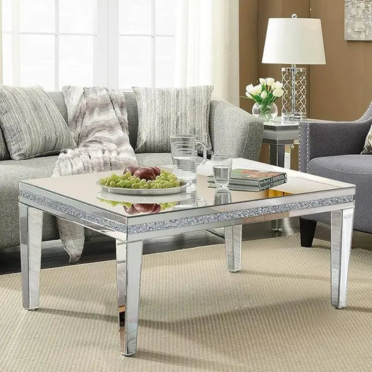 Silver Mirrored Coffee Table, Rectangle Living Room Tables with Crystal Inlay, Gorgeous Modern Mirror Coffee Table Mirrored Furniture for Living Room, Office - LeafyLoom